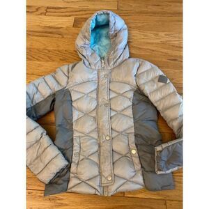 Hollister junior's grey puffer winter hooded button up jacket pockets size small